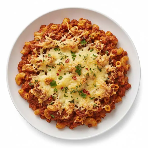 Spicy Lentil Macaroni Bake With Cheesy Herb Gratin
